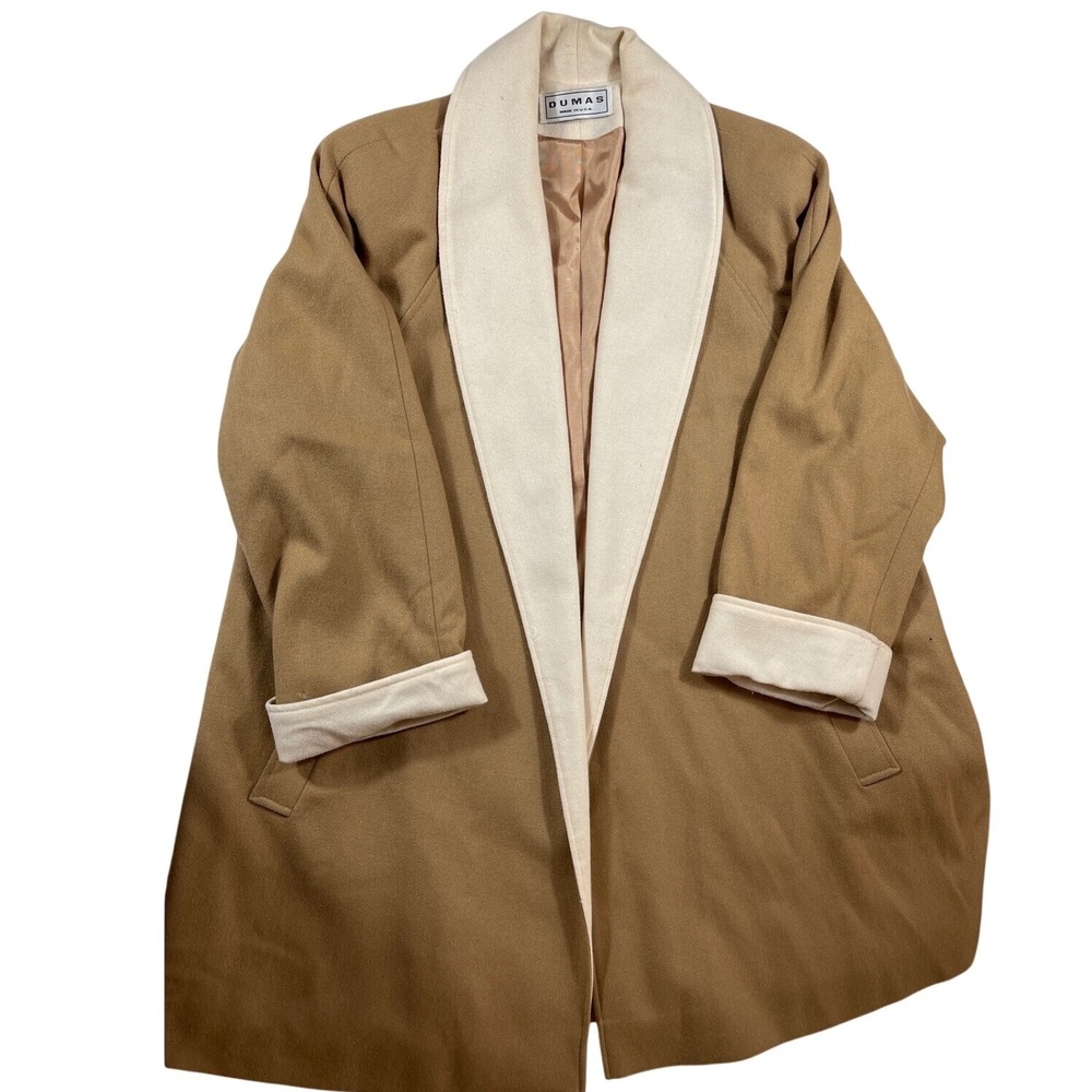Dumas Shawl Collar Coat Tan‎ Cream Wool Blend Made in USA Vintage L